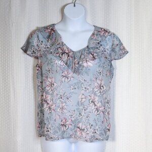 Kut from the Kloth Size L grey/pink ruffle, short sleeve floral pattern lightwei
